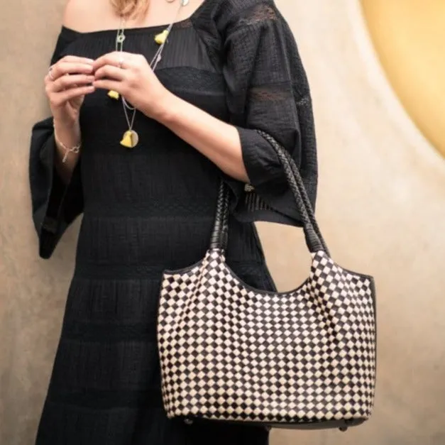 Anya Woven Leather Shoulder Bag - Black And Ecru
