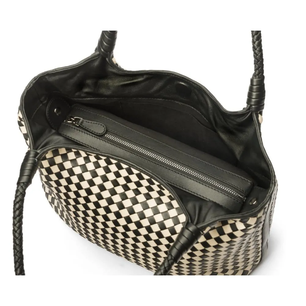 Anya Woven Leather Shoulder Bag - Black And Ecru