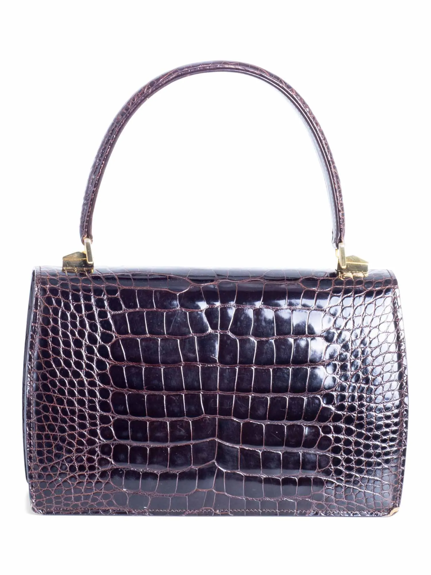 Bally Vintage Logo Shiny Crocodile Flap Top Handle Messenger Bag Brown