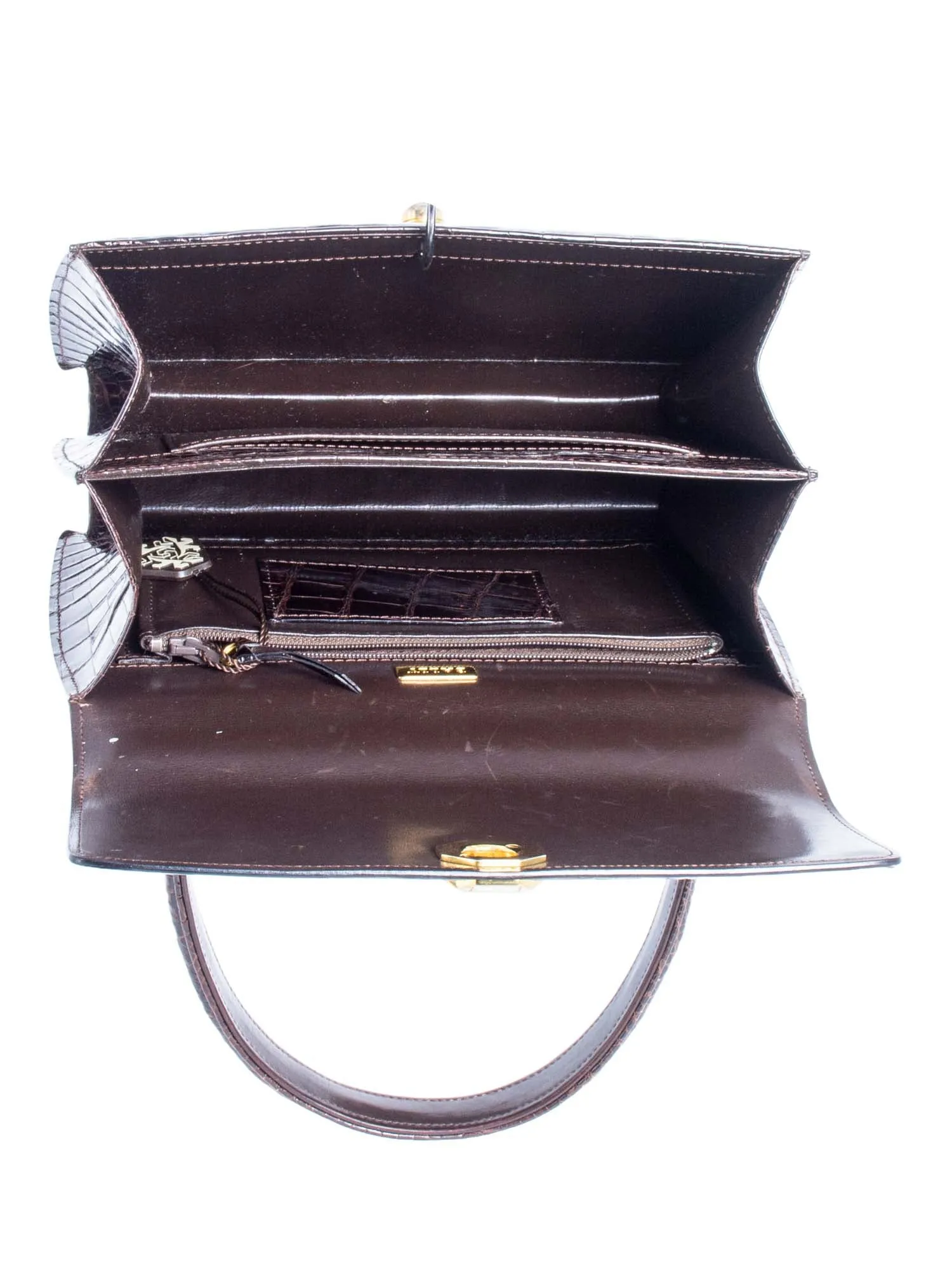 Bally Vintage Logo Shiny Crocodile Flap Top Handle Messenger Bag Brown