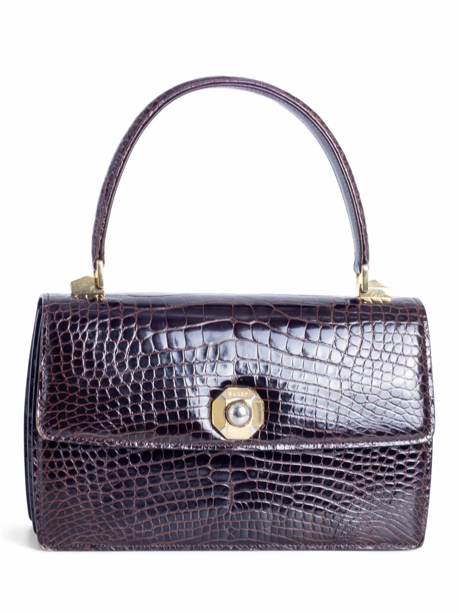 Bally Vintage Logo Shiny Crocodile Flap Top Handle Messenger Bag Brown