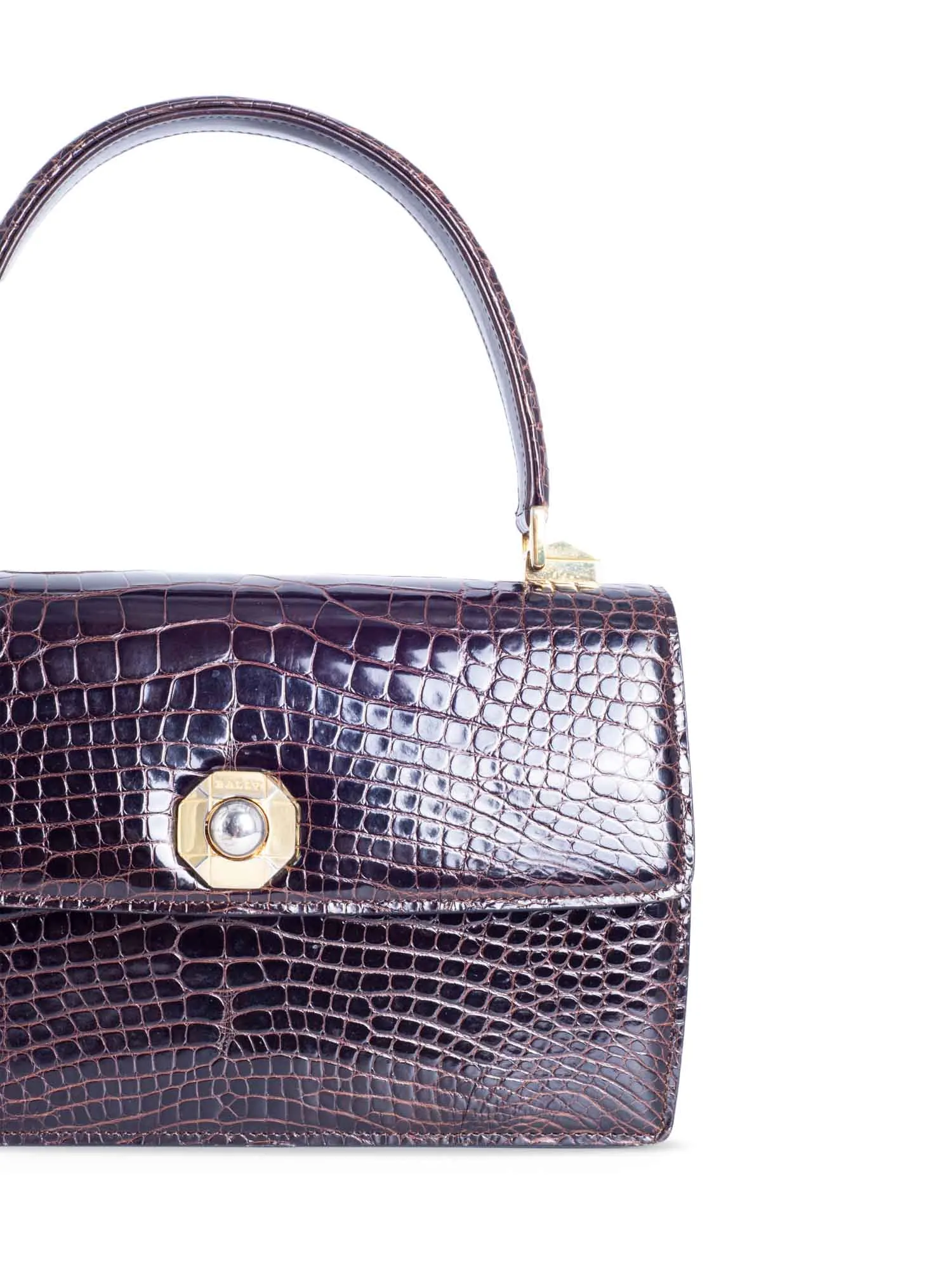 Bally Vintage Logo Shiny Crocodile Flap Top Handle Messenger Bag Brown
