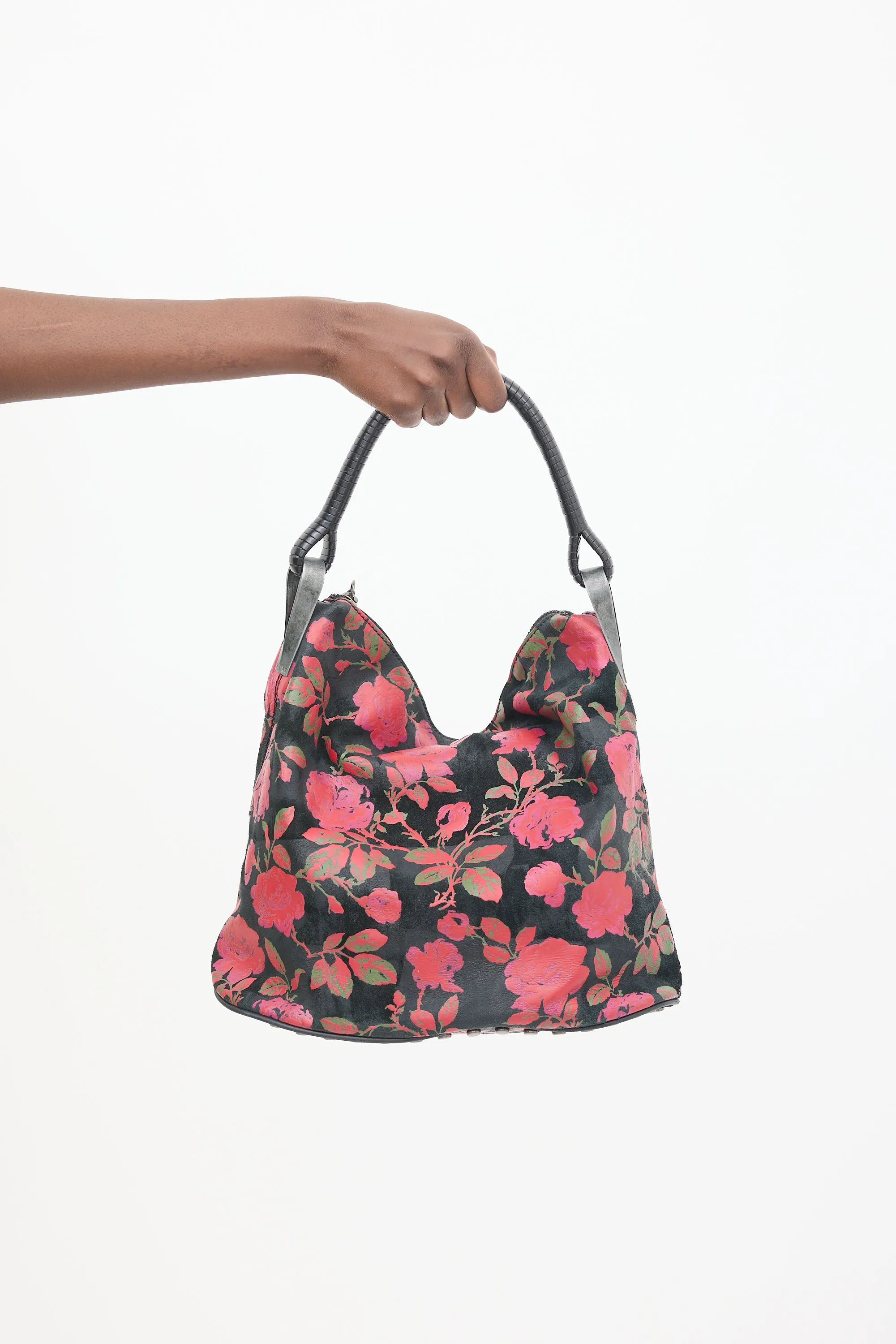 Black & Multicolour Leather Floral Studded Bag
