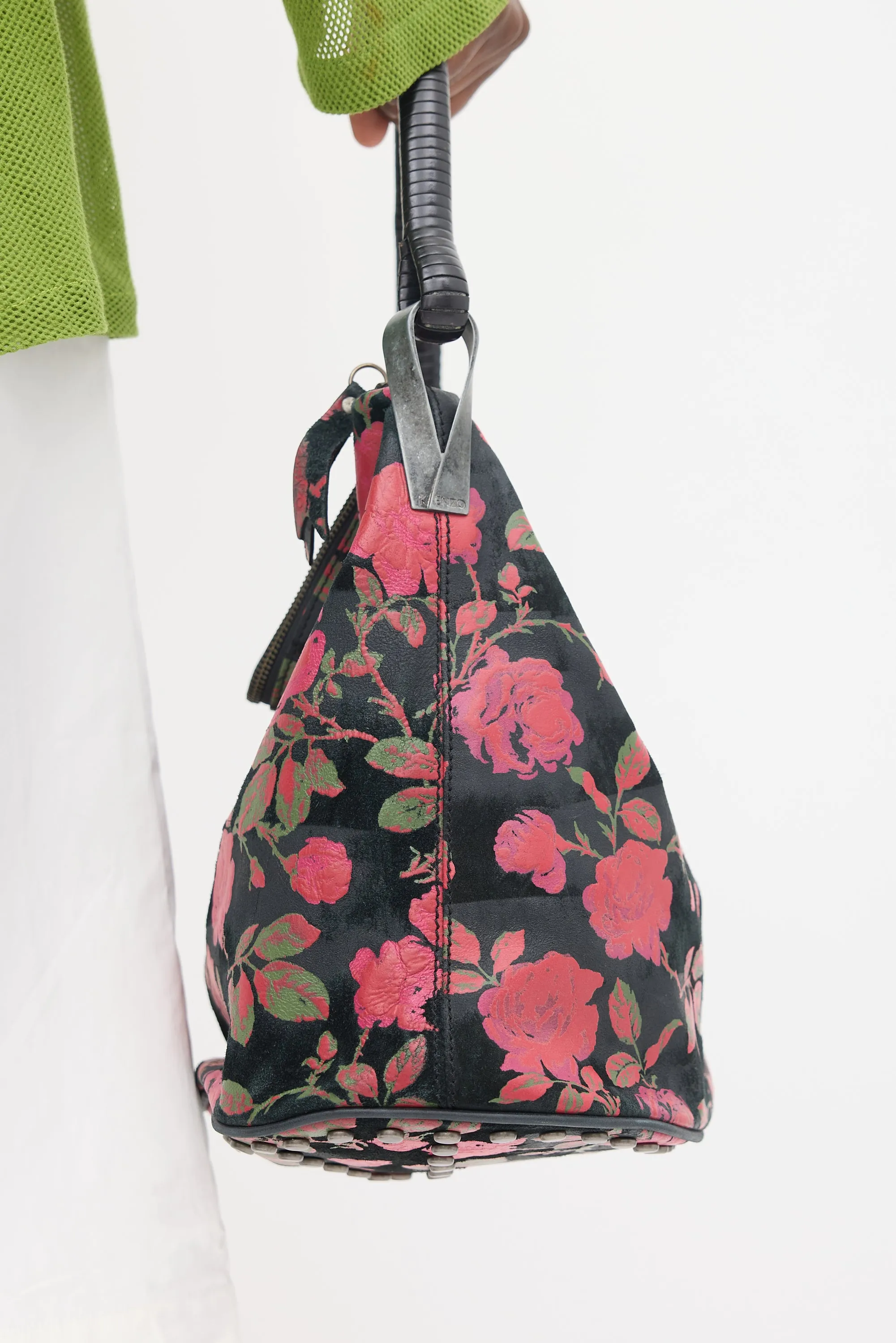 Black & Multicolour Leather Floral Studded Bag