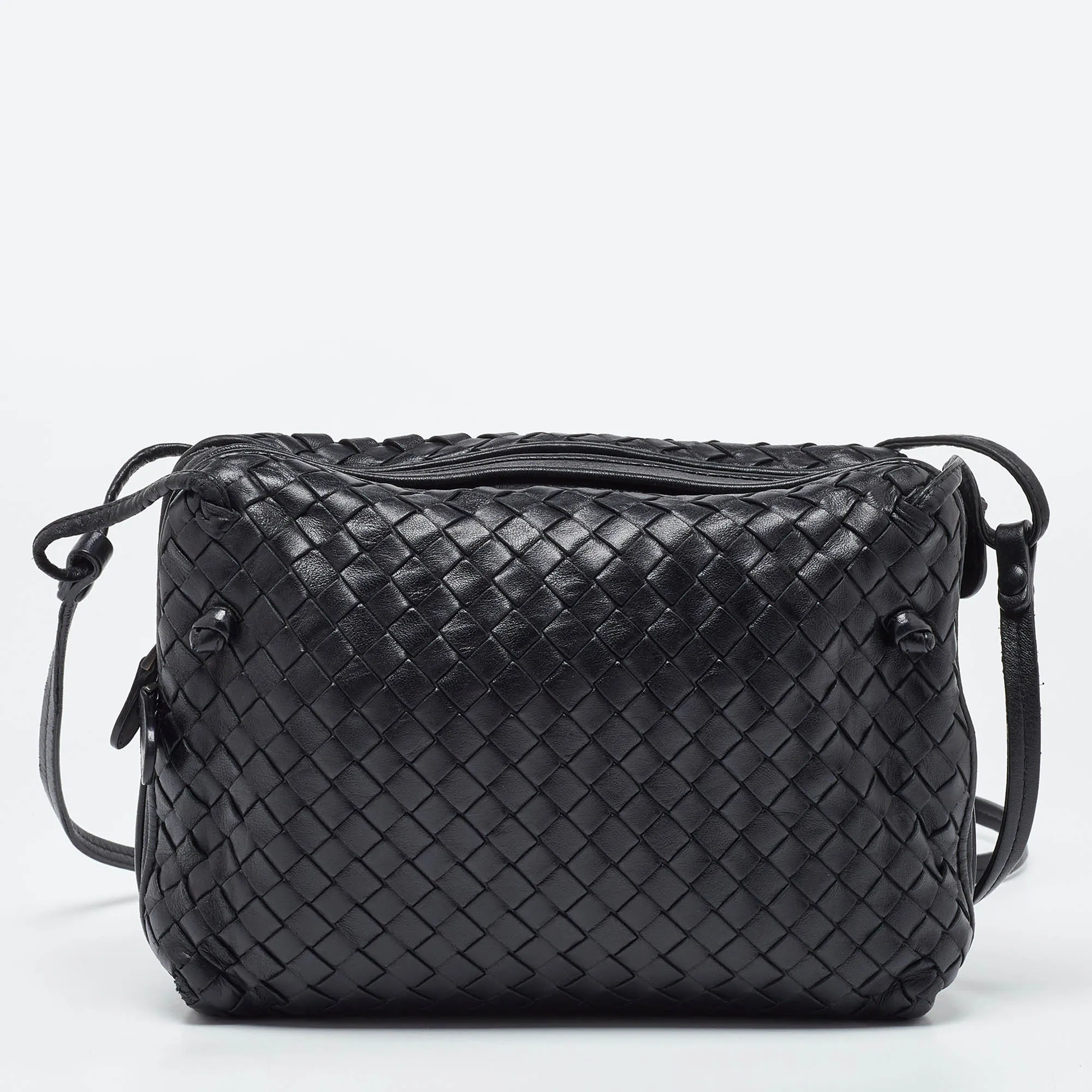 BOTTEGA VENETA Black Intrecciato Leather Nodini Double Zip Crossbody Bag