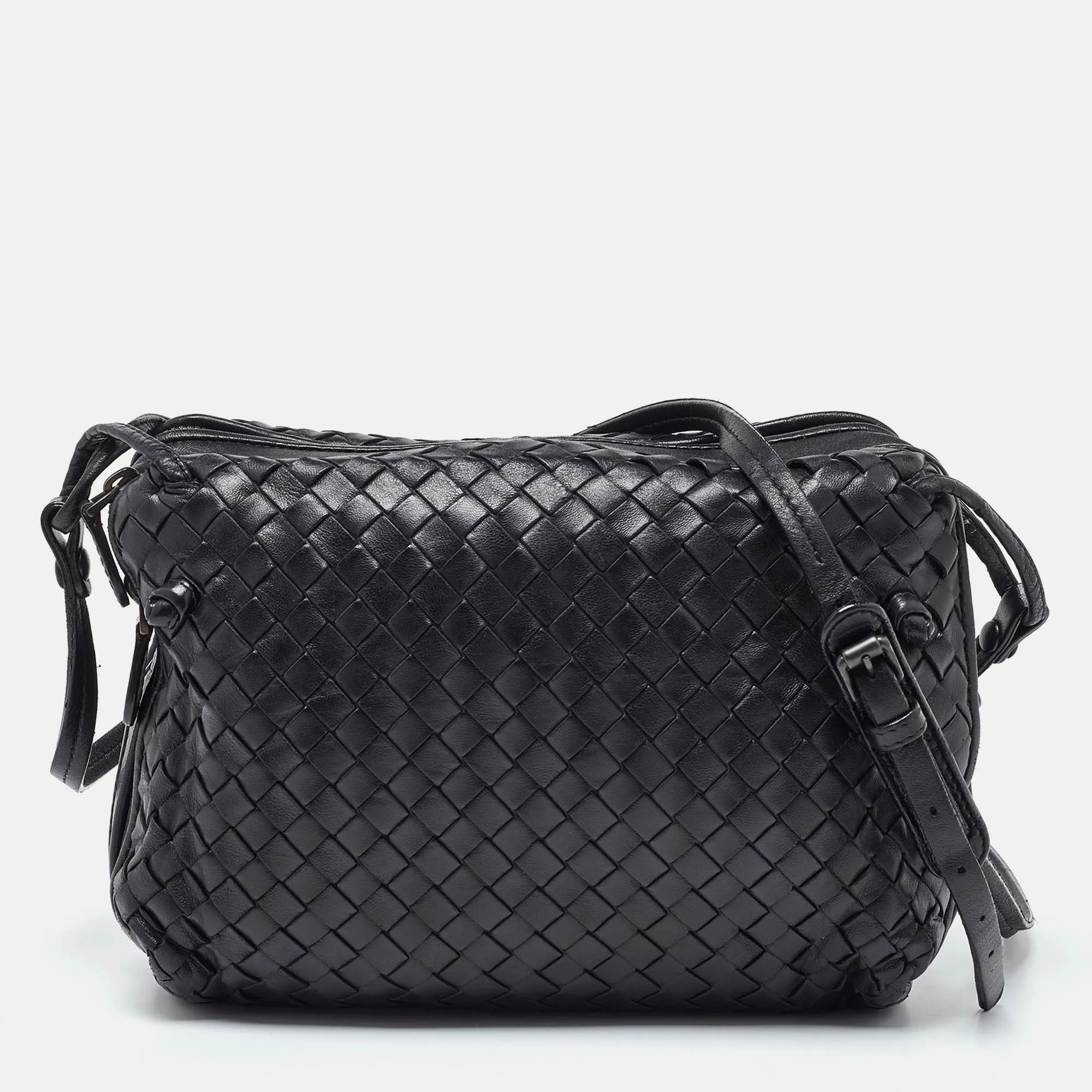 BOTTEGA VENETA Black Intrecciato Leather Nodini Double Zip Crossbody Bag