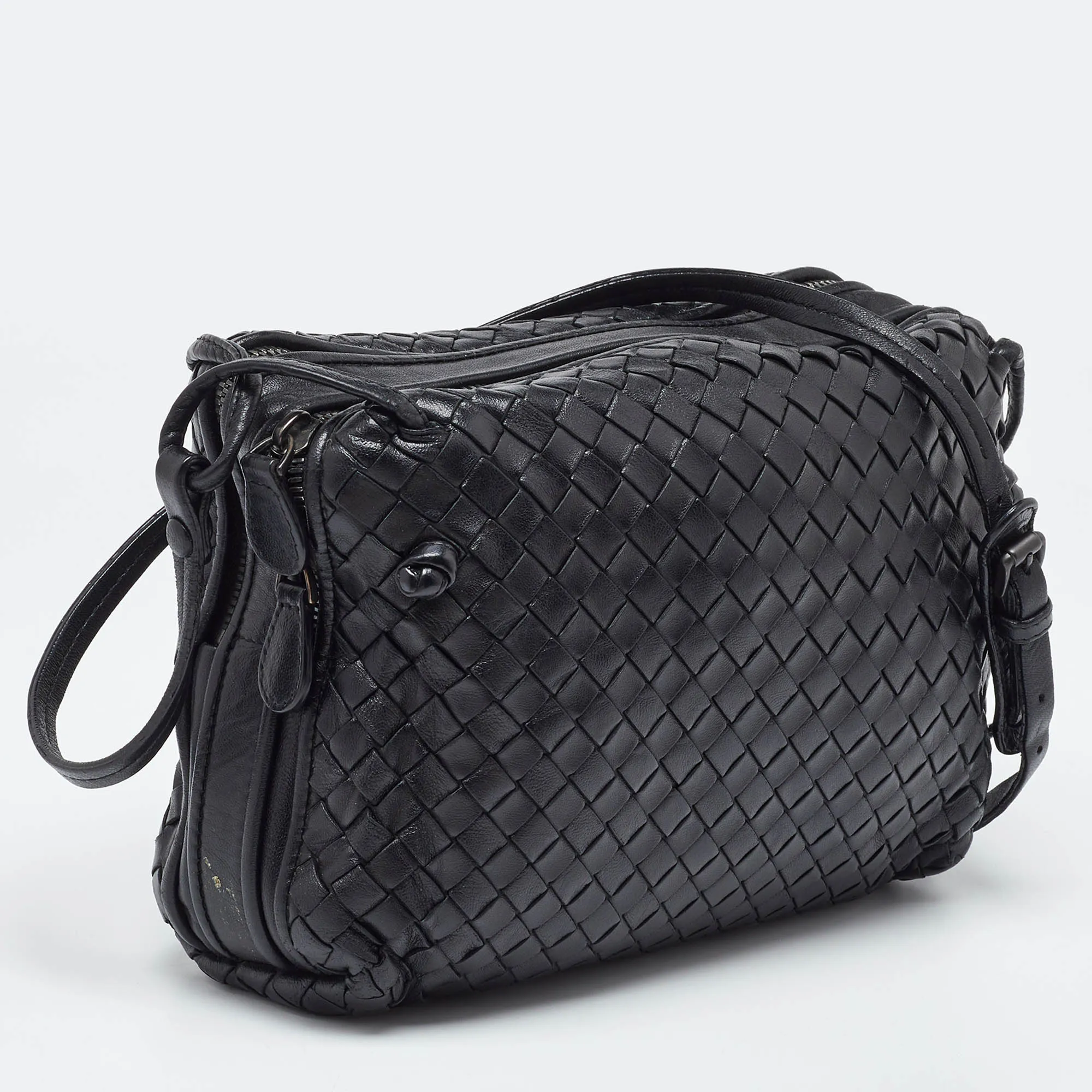 BOTTEGA VENETA Black Intrecciato Leather Nodini Double Zip Crossbody Bag