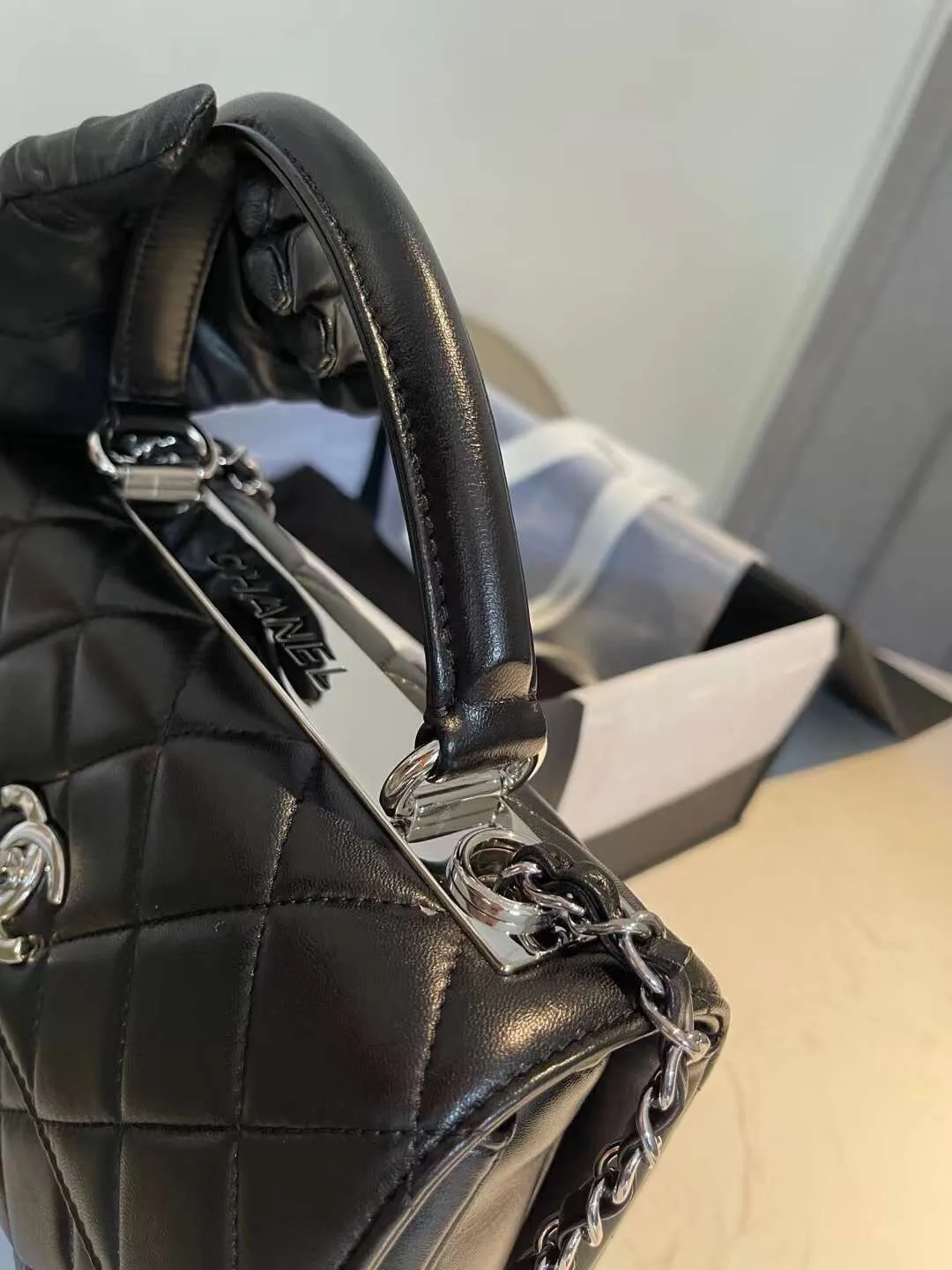 CHL Classic Flap Bag Silver Hardware Black 9.8in/25cm