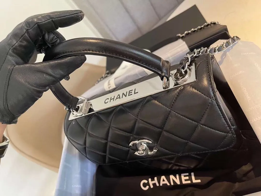 CHL Classic Flap Bag Silver Hardware Black 9.8in/25cm
