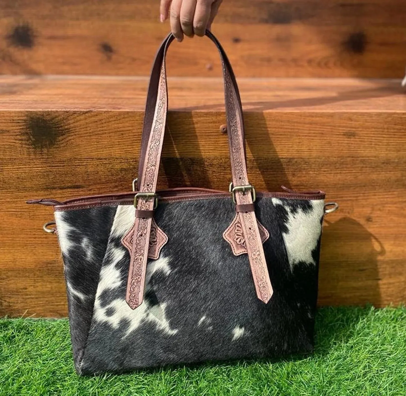 Cowhide Tote Bag Tooled Leather
