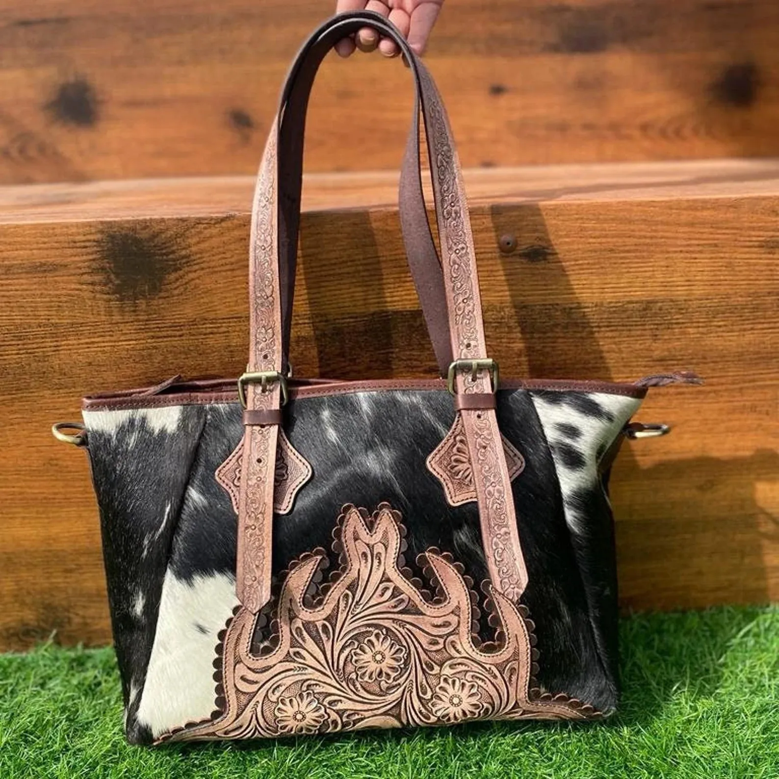 Cowhide Tote Bag Tooled Leather