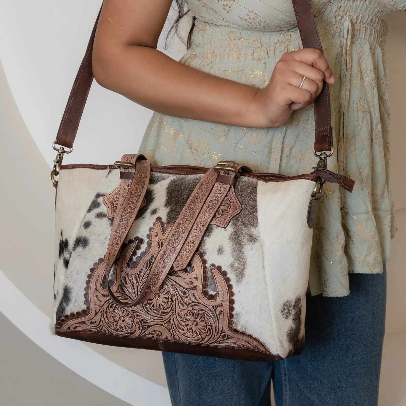 Cowhide Tote Bag Tooled Leather