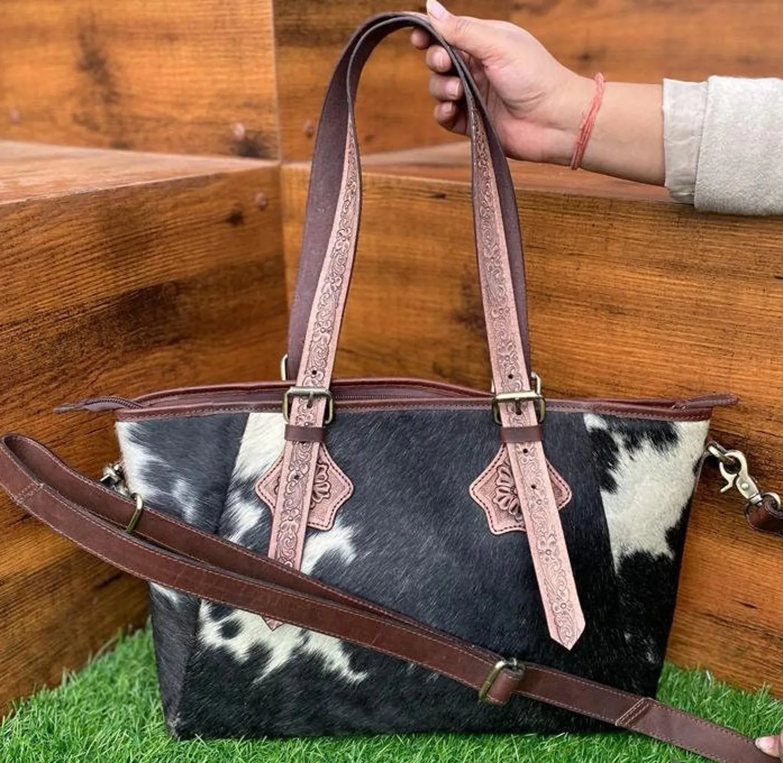 Cowhide Tote Bag Tooled Leather