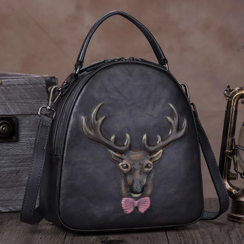 Deer Embossed Leather Handbag Backpack for Women