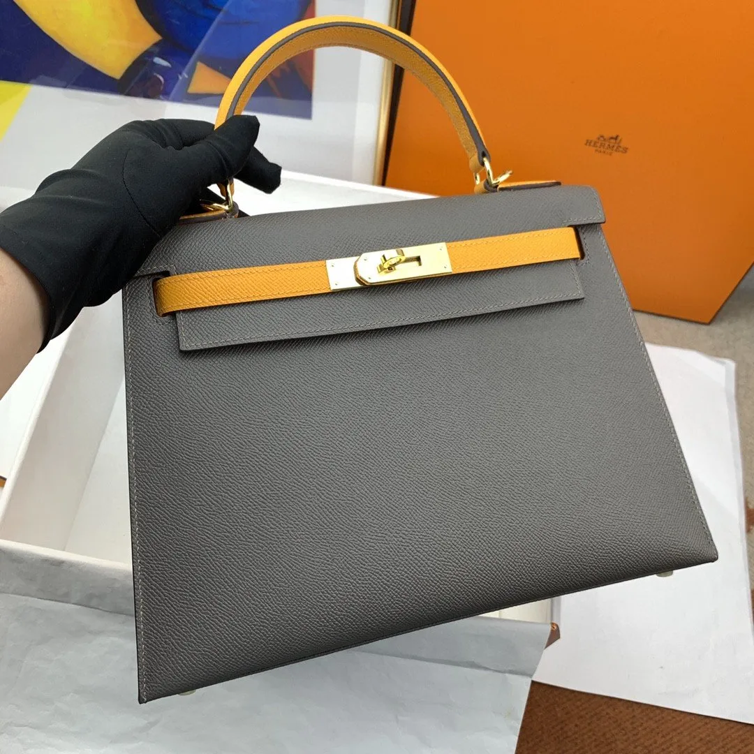 HM Kelly 28 Sellier Epsom Dark Grey/Yellow Bag For Women, Handbags, Shoulder Bags 11in/28cm