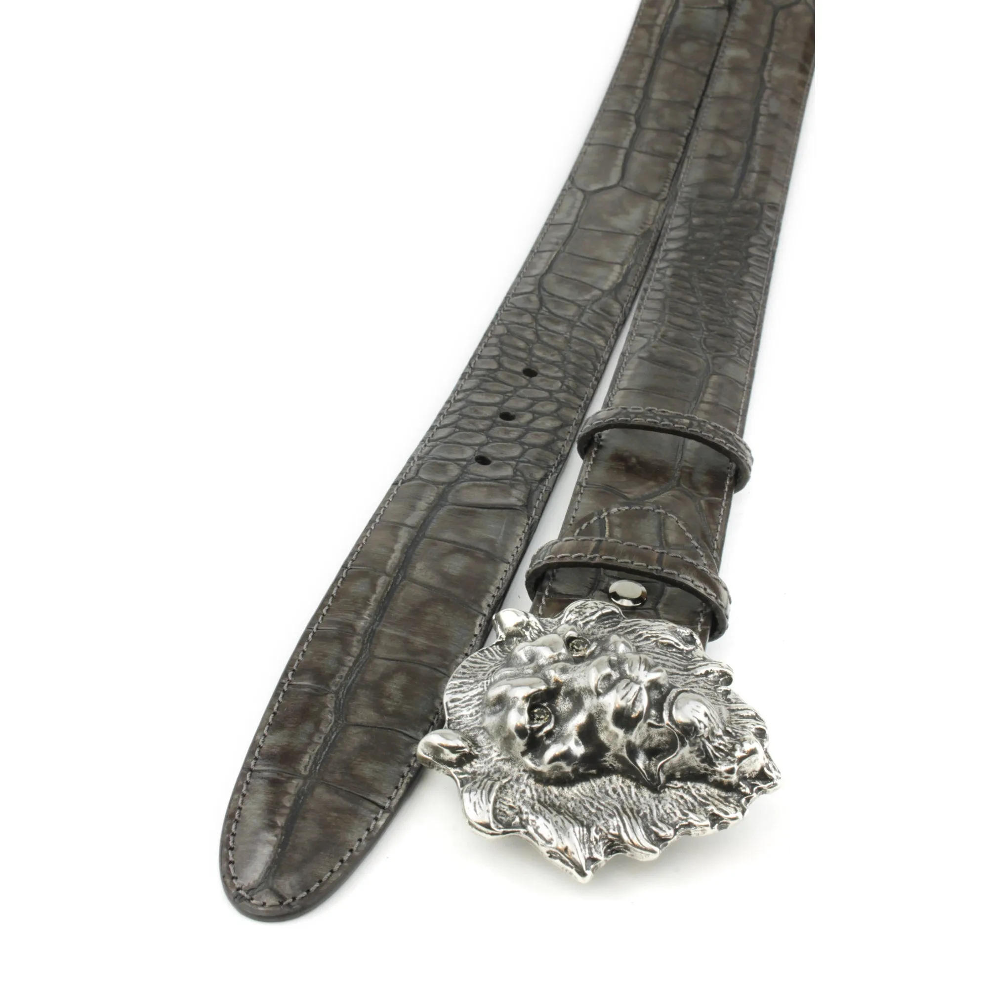 Metallic Hued Anthracite Tone Mock Croc Lion Belt