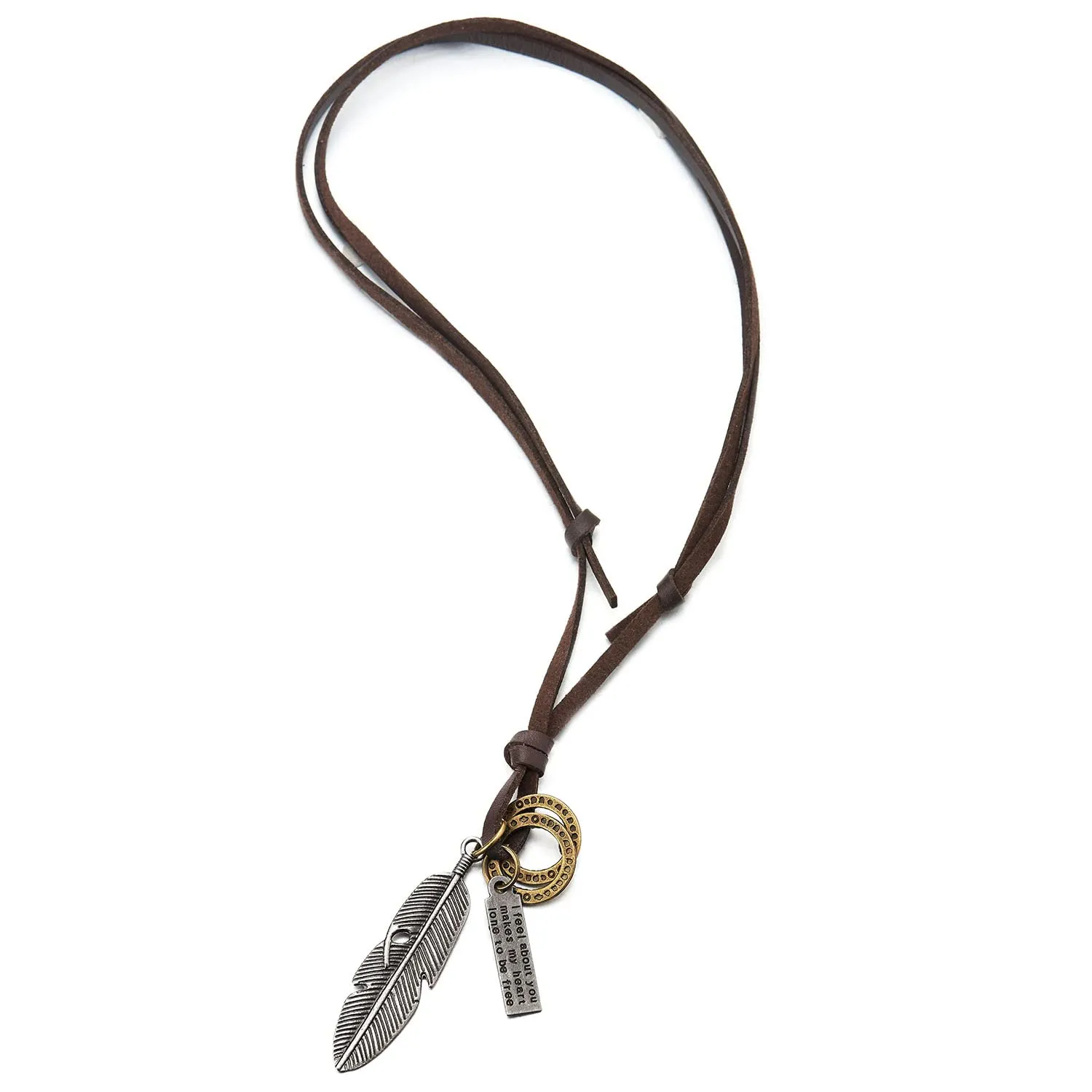 Retro Style Aged Silver Feather Pendant with Adjustable Brown Leather Cord Necklace Unisex Men Women