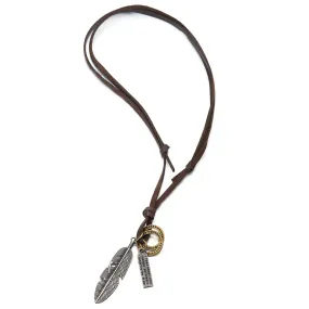 Retro Style Aged Silver Feather Pendant with Adjustable Brown Leather Cord Necklace Unisex Men Women