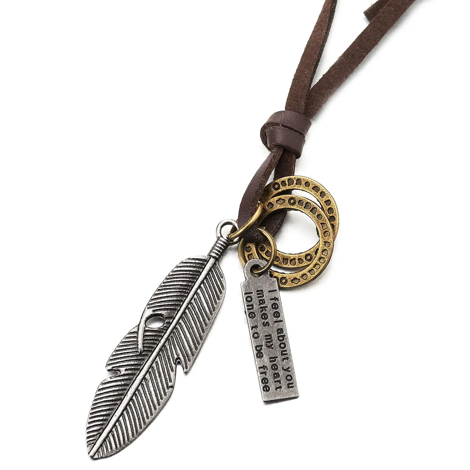 Retro Style Aged Silver Feather Pendant with Adjustable Brown Leather Cord Necklace Unisex Men Women