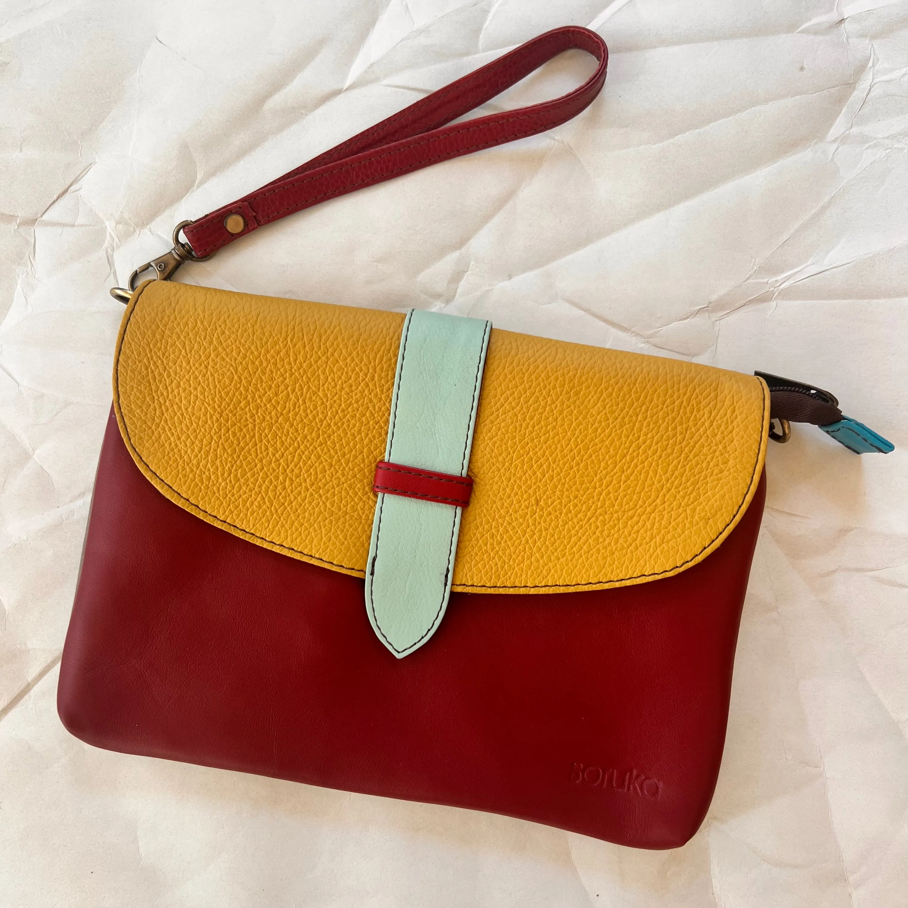 Soruka - Saddle Bag with Wristlet, Garnet & Mustard