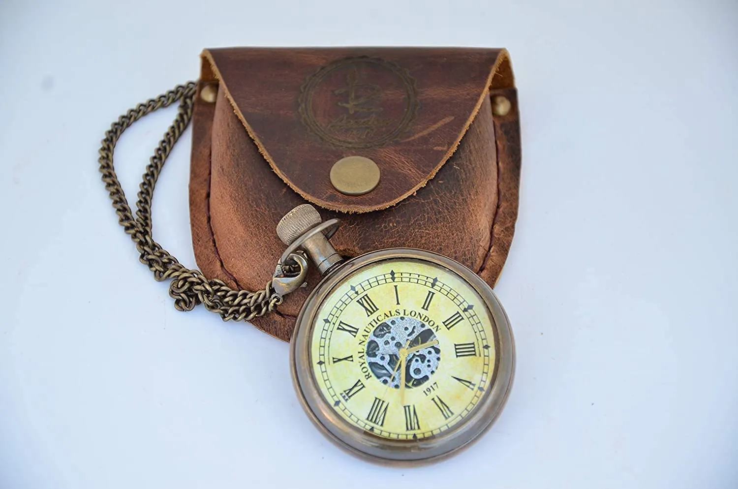 TARANO Antique Brass Clock Roman Numerals Clock with Chain and A Brown Leather Bag (Set of 5 Pieces)