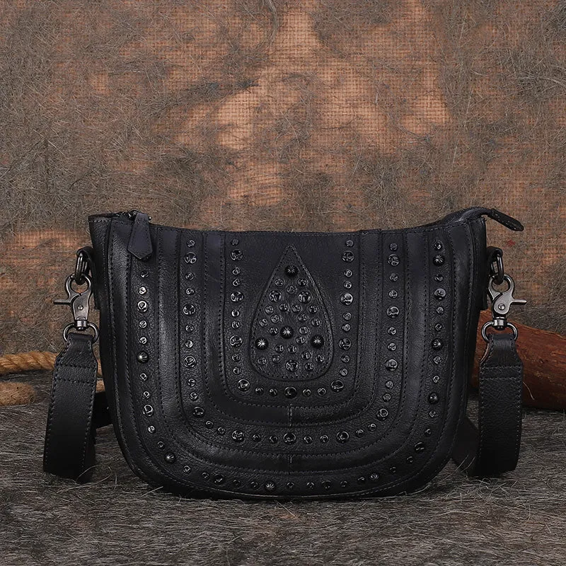 Vintage Ladies Rivet Leather Satchel Bag Cross Shoulder Bag For Women