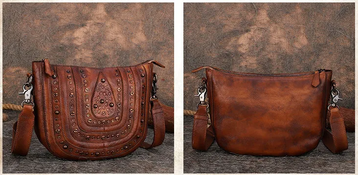 Vintage Ladies Rivet Leather Satchel Bag Cross Shoulder Bag For Women