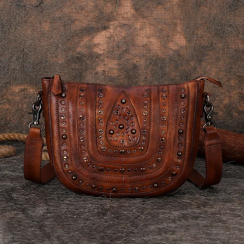 Vintage Ladies Rivet Leather Satchel Bag Cross Shoulder Bag For Women