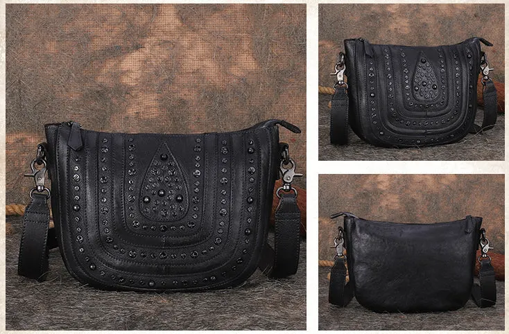Vintage Ladies Rivet Leather Satchel Bag Cross Shoulder Bag For Women