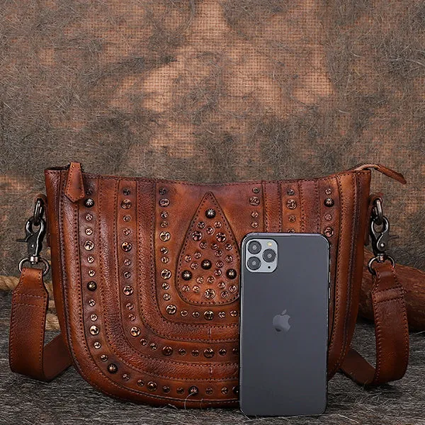 Vintage Ladies Rivet Leather Satchel Bag Cross Shoulder Bag For Women