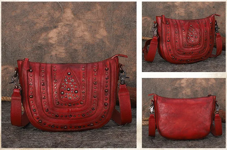 Vintage Ladies Rivet Leather Satchel Bag Cross Shoulder Bag For Women