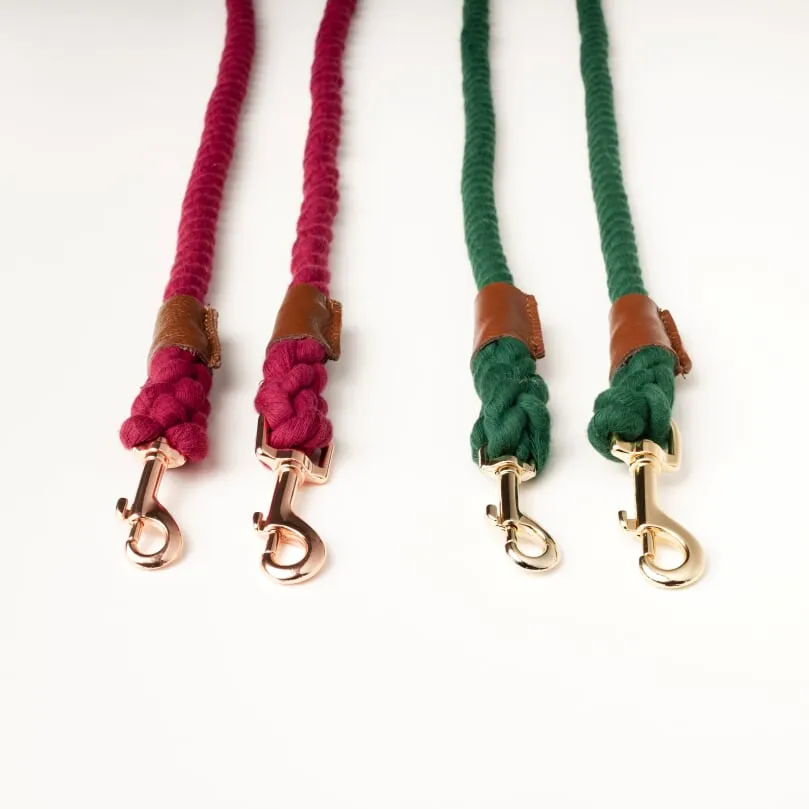 Willow Walks rope lead with leather handle in brown and berry